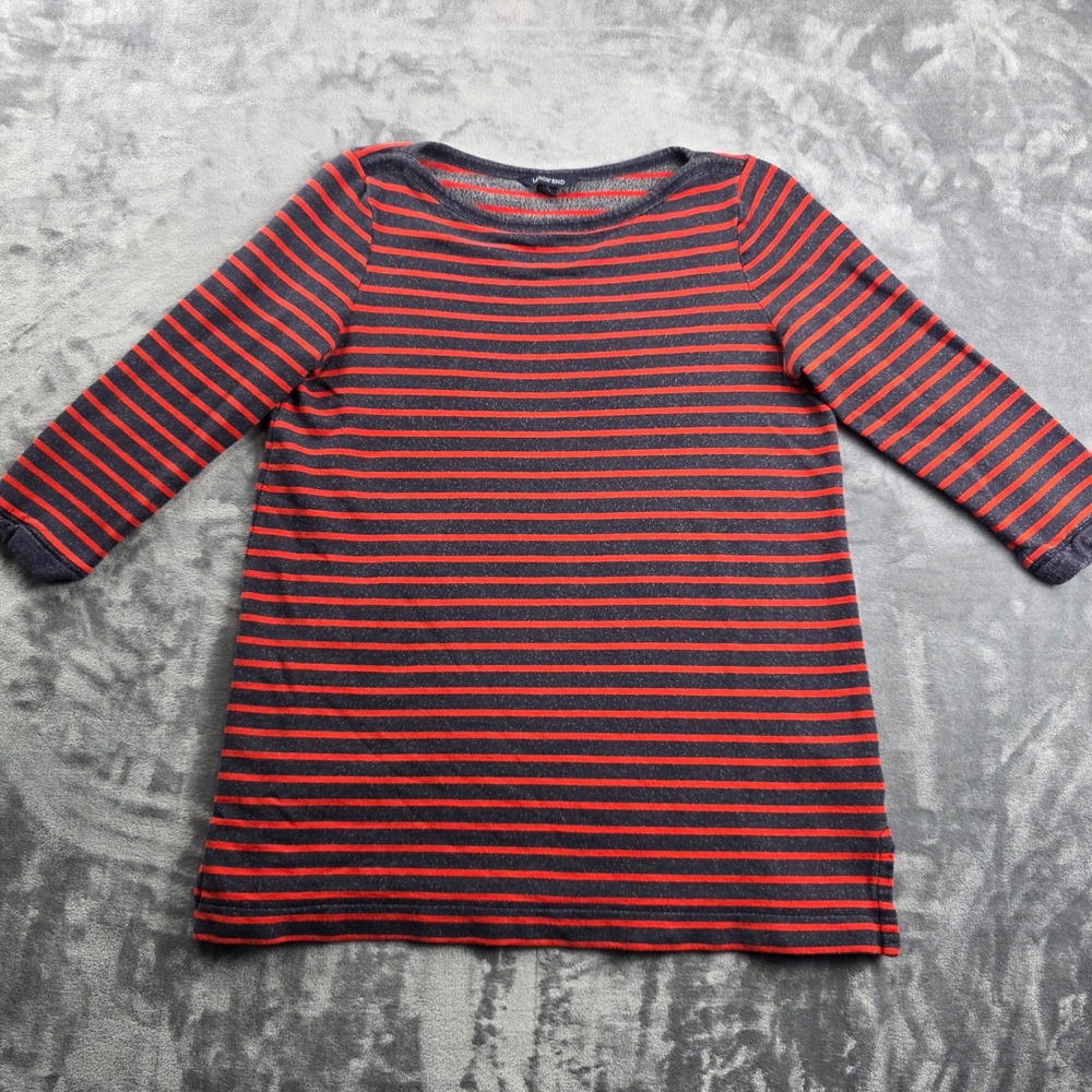 Lands' End‎ Top Womens S 6-8 Navy Red Striped Boat Neck Cotton Long Sleeve